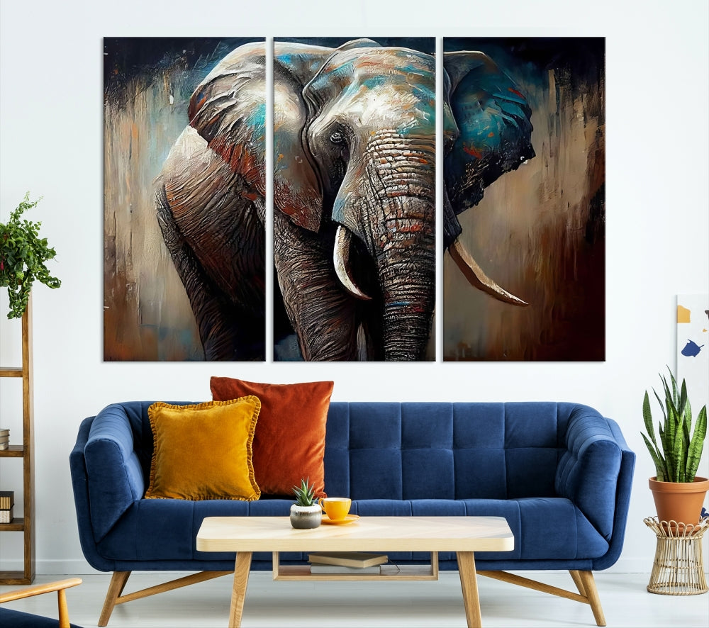 Large Elephant Print, African Animal Canvas Art, Wildlife Art, Framed Painting Set of