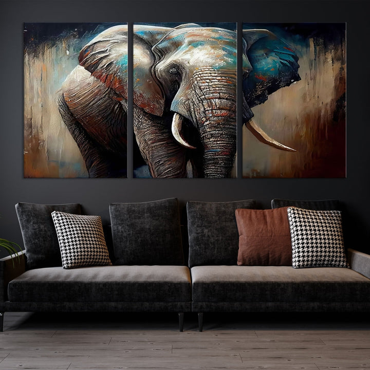 Large Elephant Print, African Animal Canvas Art, Wildlife Art, Framed Painting Set of