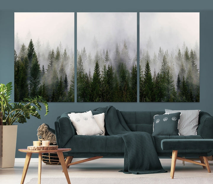 Large Foggy Forest Landscape Wall Art Canvas Print Framed Nordic Mountain Original