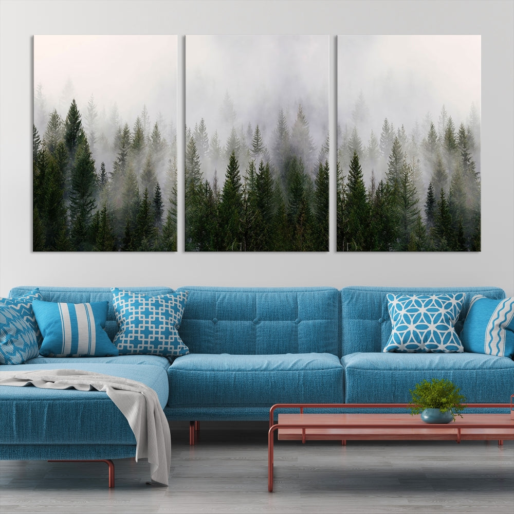 Large Foggy Forest Landscape Wall Art Canvas Print Framed Nordic Mountain Original