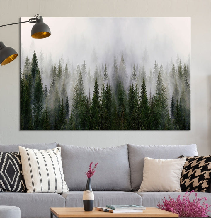 Large Foggy Forest Landscape Wall Art Canvas Print Framed Nordic Mountain Original