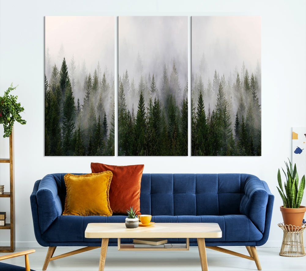 Large Foggy Forest Landscape Wall Art Canvas Print Framed Nordic Mountain Original