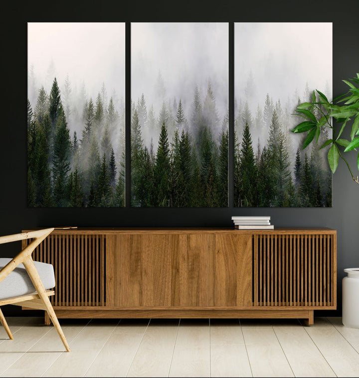 Large Foggy Forest Landscape Wall Art Canvas Print Framed Nordic Mountain Original