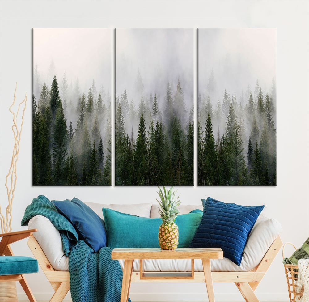 Large Foggy Forest Landscape Wall Art Canvas Print Framed Nordic Mountain Original