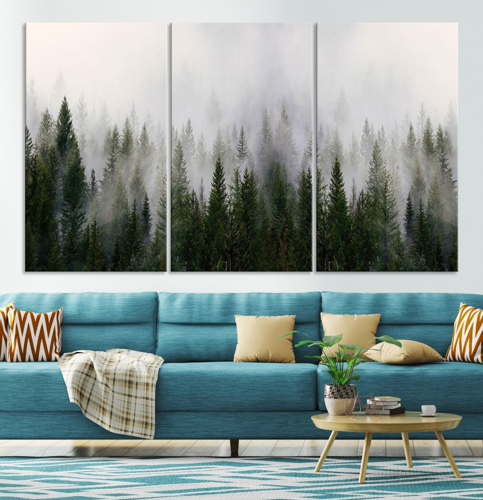 Large Foggy Forest Landscape Wall Art Canvas Print Framed Nordic Mountain Original