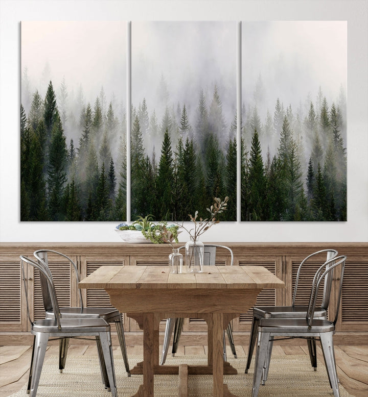 Large Foggy Forest Landscape Wall Art Canvas Print Framed Nordic Mountain Original