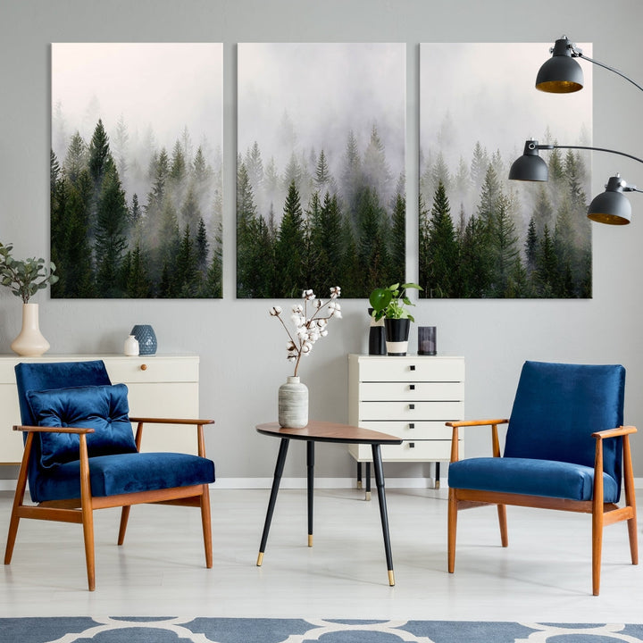 Large Foggy Forest Landscape Wall Art Canvas Print Framed Nordic Mountain Original