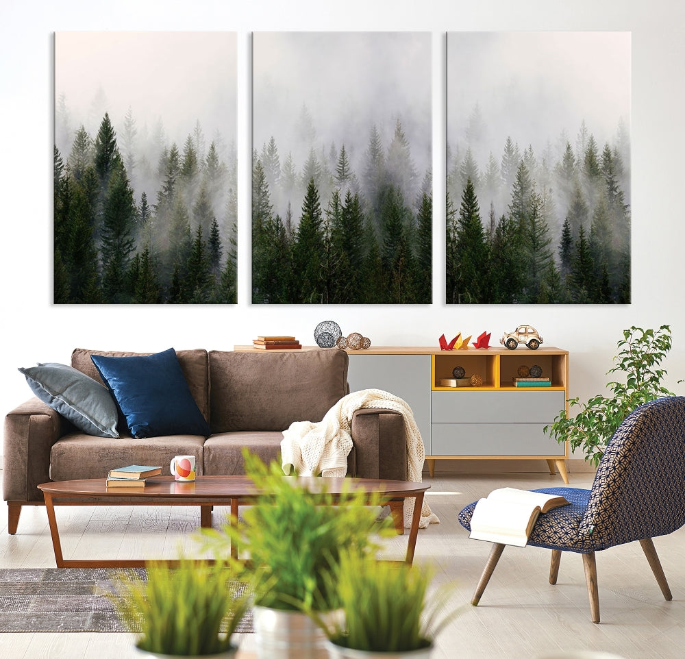 Large Foggy Forest Landscape Wall Art Canvas Print Framed Nordic Mountain Original