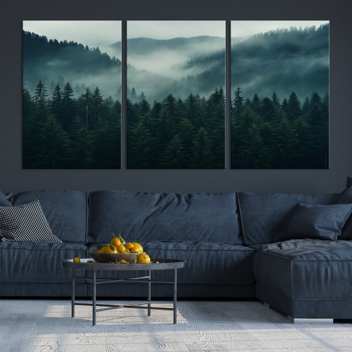 Large Forest Wall Art Foggy Landscape Print Modern Canvas Wall Decor Set of Art Print