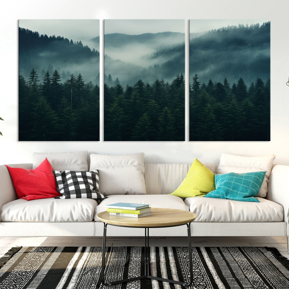 Large Forest Wall Art Foggy Landscape Print Modern Canvas Wall Decor Set of Art Print