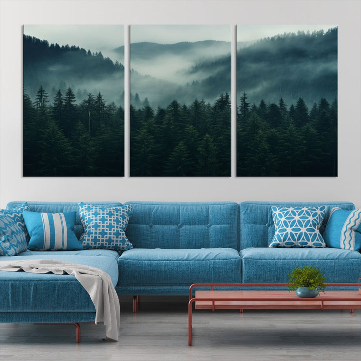 Large Forest Wall Art Foggy Landscape Print Modern Canvas Wall Decor Set of Art Print