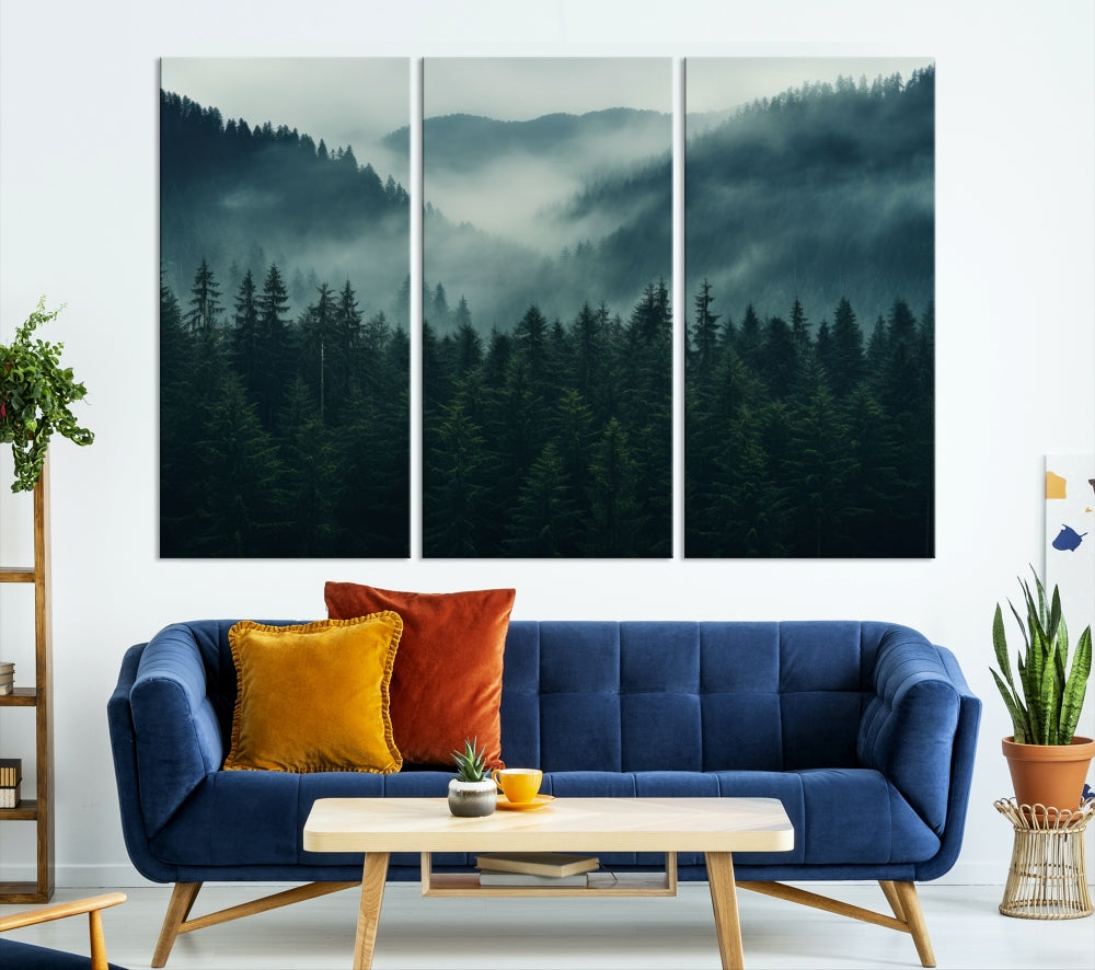 Large Forest Wall Art Foggy Landscape Print Modern Canvas Wall Decor Set of Art Print