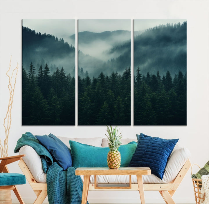 Large Forest Wall Art Foggy Landscape Print Modern Canvas Wall Decor Set of Art Print