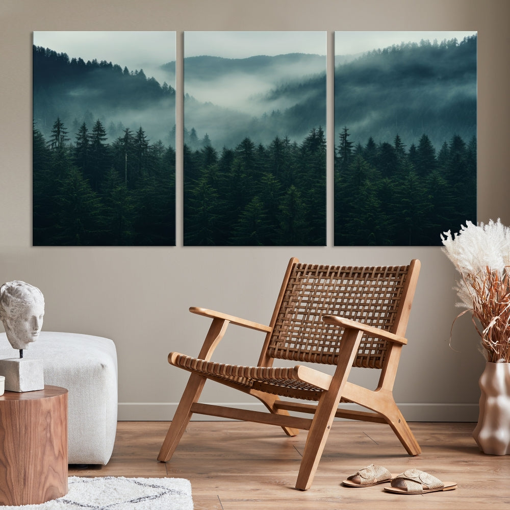 Large Forest Wall Art Foggy Landscape Print Modern Canvas Wall Decor Set of Art Print