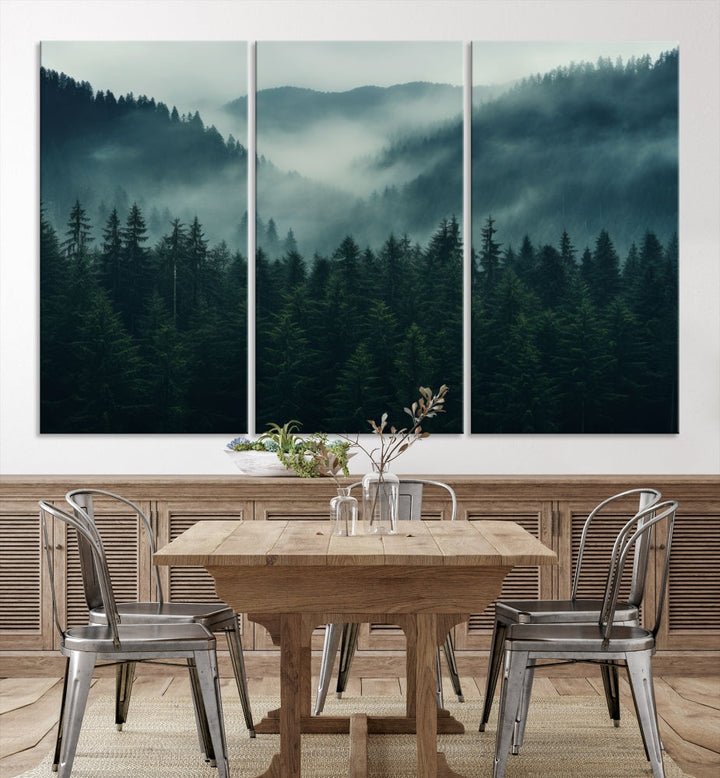 Large Forest Wall Art Foggy Landscape Print Modern Canvas Wall Decor Set of Art Print