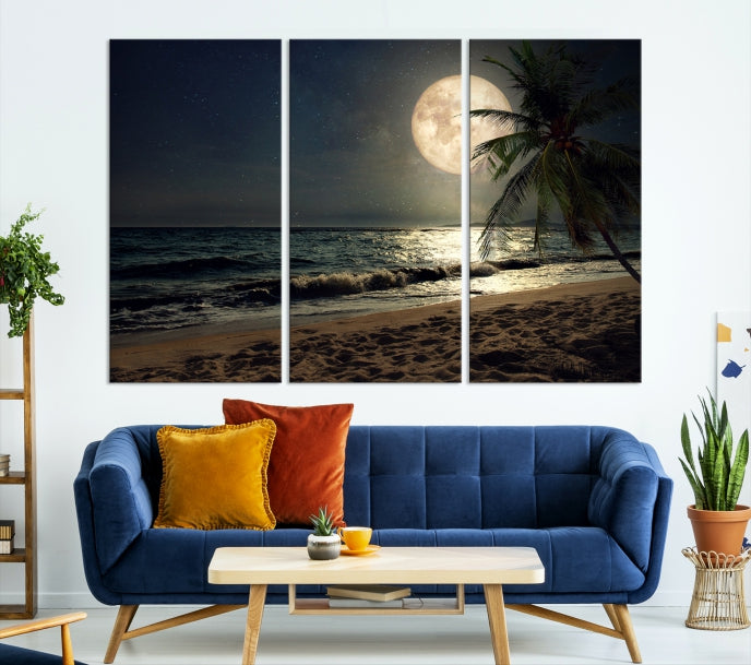 Large Full Moon Night Beach Wall Art Canvas Print