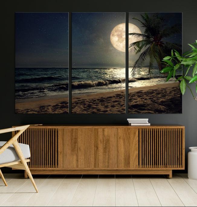 Large Full Moon Night Beach Wall Art Canvas Print