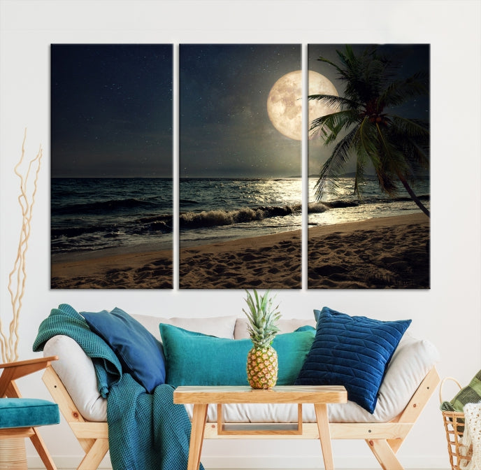 Large Full Moon Night Beach Wall Art Canvas Print