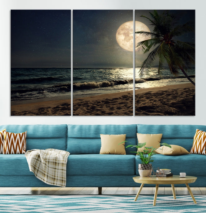 Large Full Moon Night Beach Wall Art Canvas Print