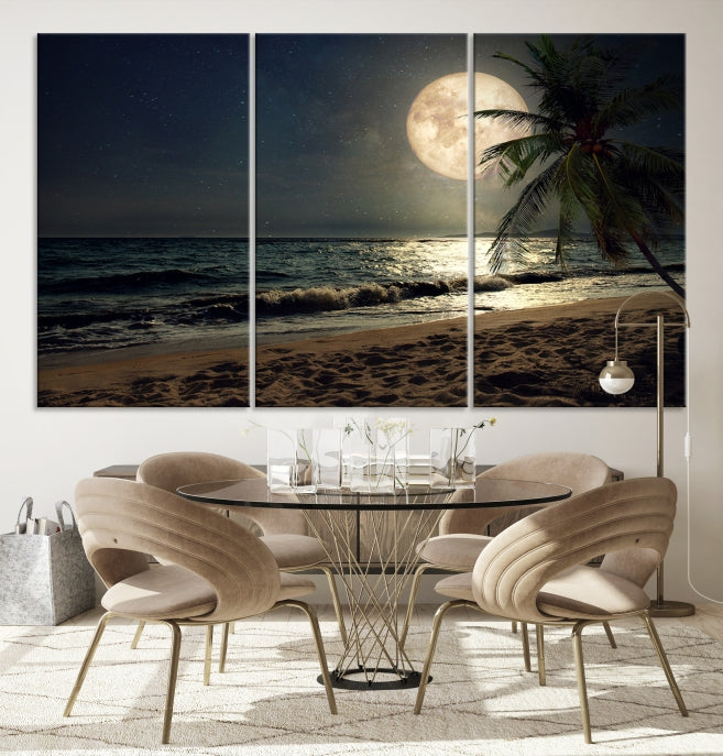 Large Full Moon Night Beach Wall Art Canvas Print