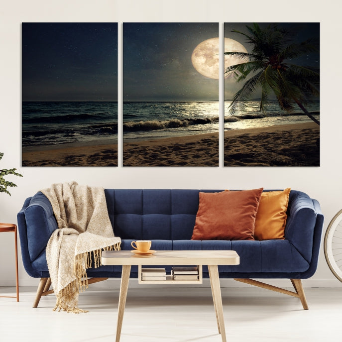 Large Full Moon Night Beach Wall Art Canvas Print