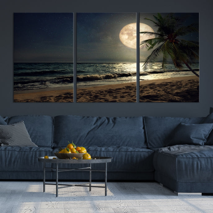 Large Full Moon Night Beach Wall Art Canvas Print