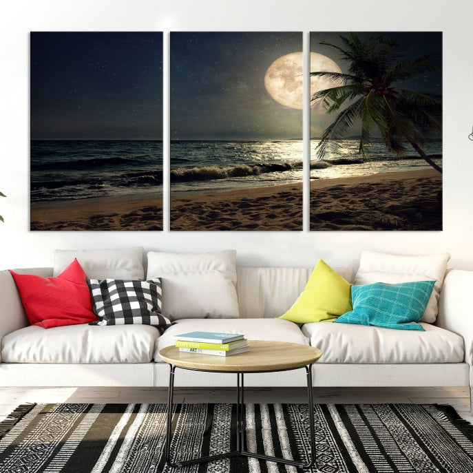 Large Full Moon Night Beach Wall Art Canvas Print