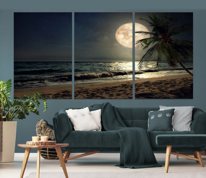 Large Full Moon Night Beach Wall Art Canvas Print