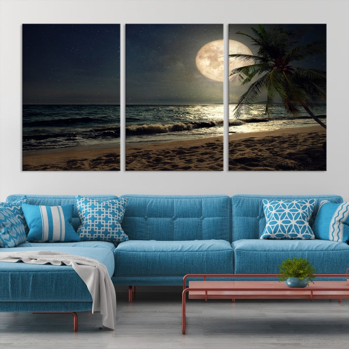 Large Full Moon Night Beach Wall Art Canvas Print