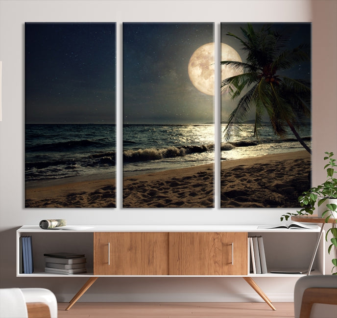 Large Full Moon Night Beach Wall Art Canvas Print