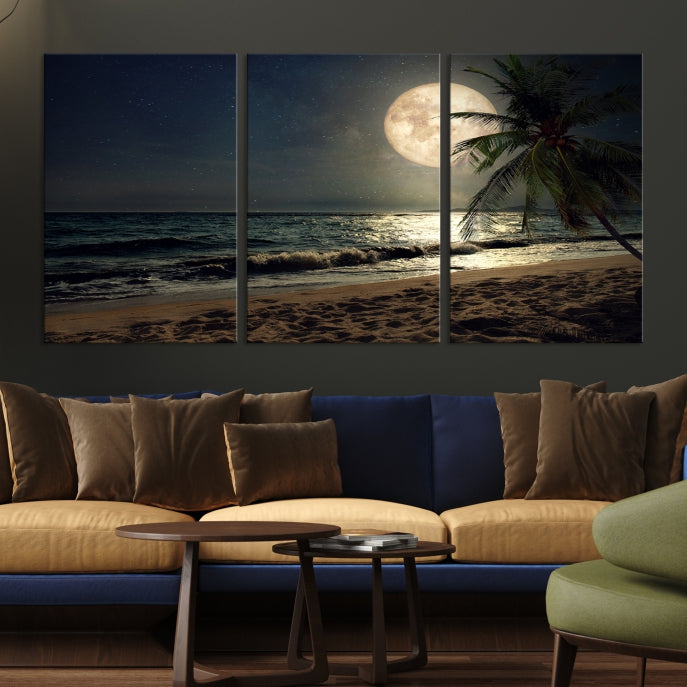 Large Full Moon Night Beach Wall Art Canvas Print