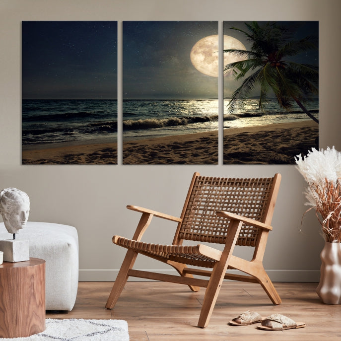 Large Full Moon Night Beach Wall Art Canvas Print