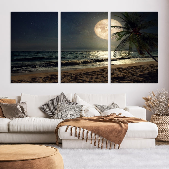 Large Full Moon Night Beach Wall Art Canvas Print