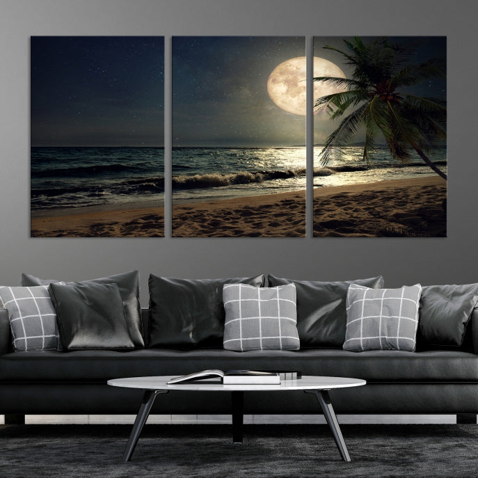 Large Full Moon Night Beach Wall Art Canvas Print