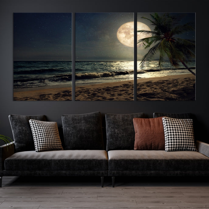 Large Full Moon Night Beach Wall Art Canvas Print