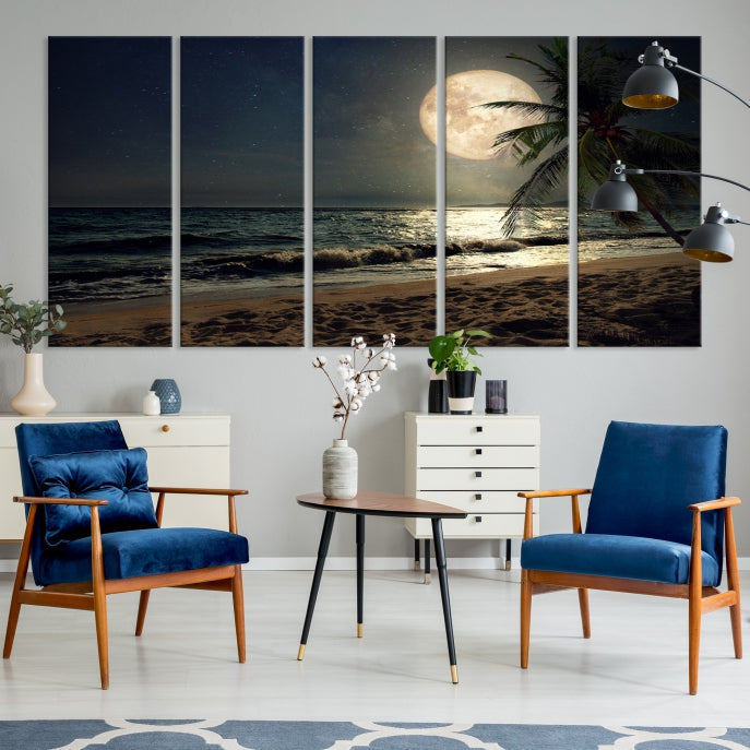 Large Full Moon Night Beach Wall Art Canvas Print