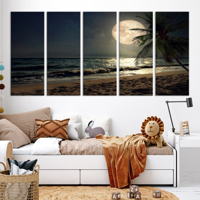 Large Full Moon Night Beach Wall Art Canvas Print