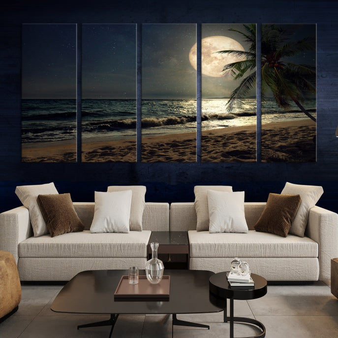 Large Full Moon Night Beach Wall Art Canvas Print