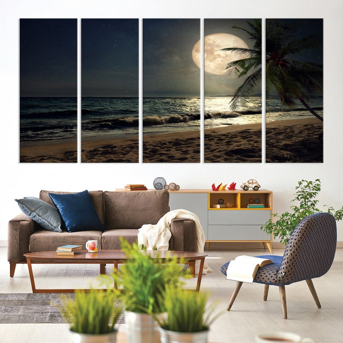 Large Full Moon Night Beach Wall Art Canvas Print