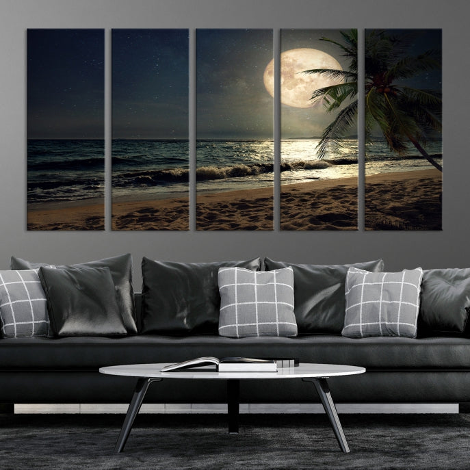 Large Full Moon Night Beach Wall Art Canvas Print