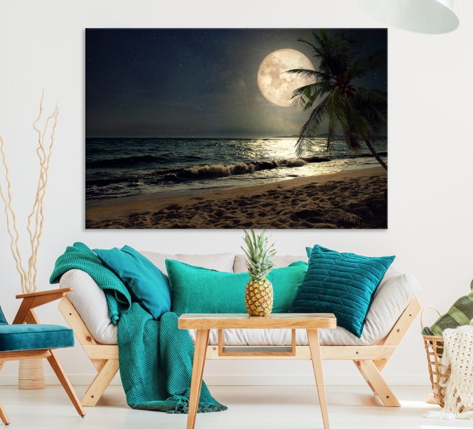 Large Full Moon Night Beach Wall Art Canvas Print