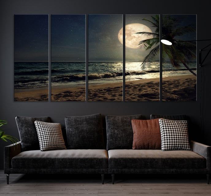 Large Full Moon Night Beach Wall Art Canvas Print