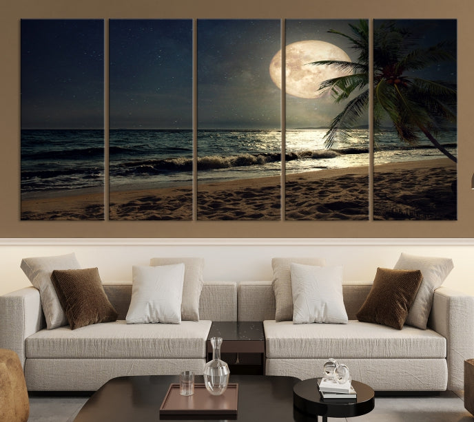 Large Full Moon Night Beach Wall Art Canvas Print