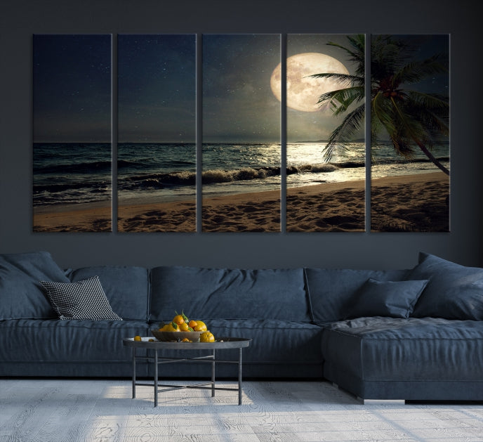 Large Full Moon Night Beach Wall Art Canvas Print