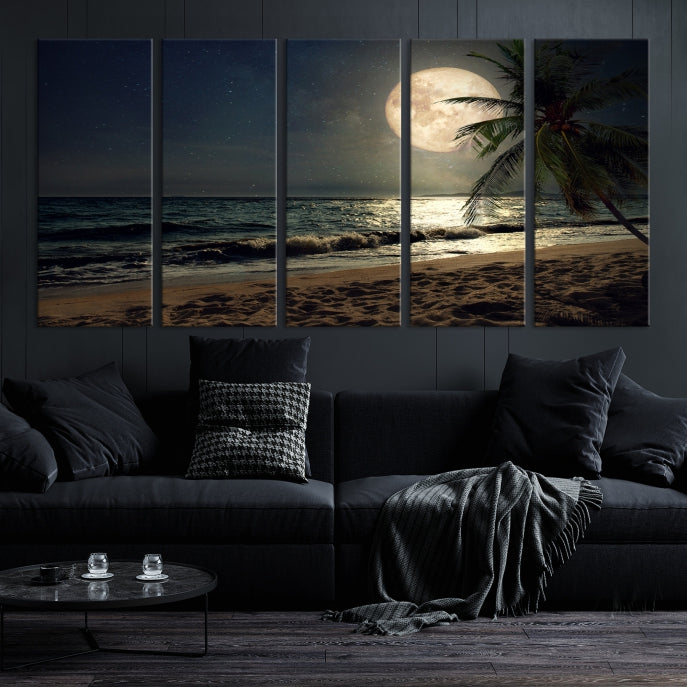 Large Full Moon Night Beach Wall Art Canvas Print