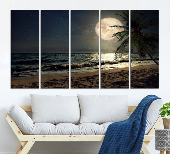 Large Full Moon Night Beach Wall Art Canvas Print