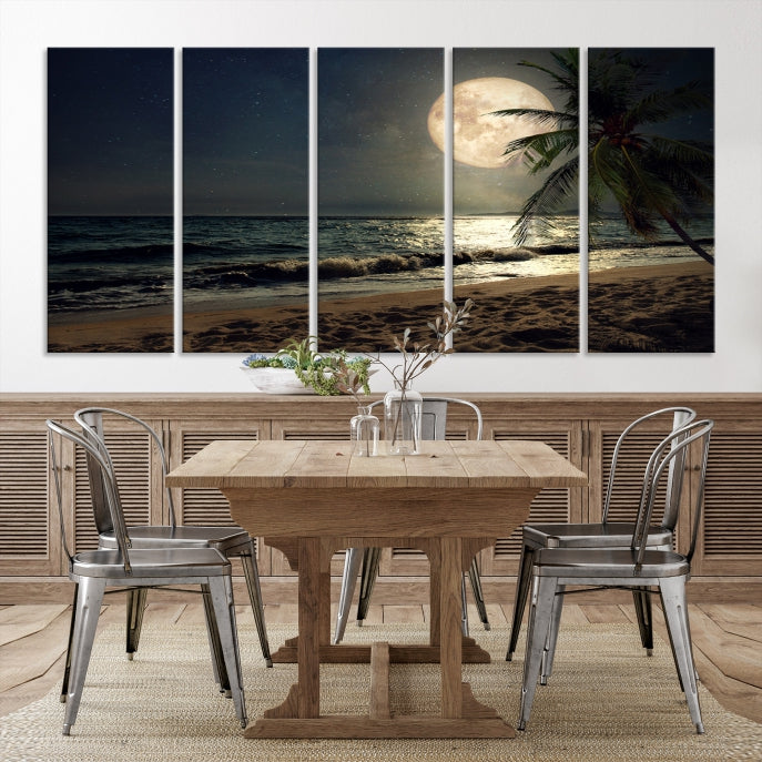 Large Full Moon Night Beach Wall Art Canvas Print