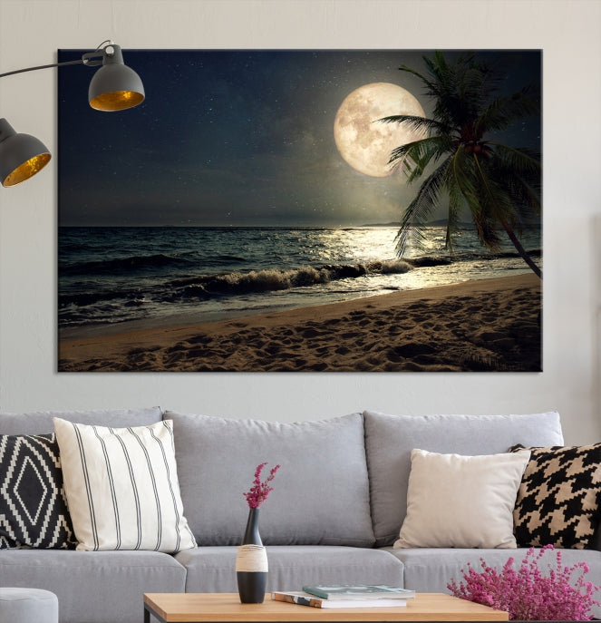 Large Full Moon Night Beach Wall Art Canvas Print