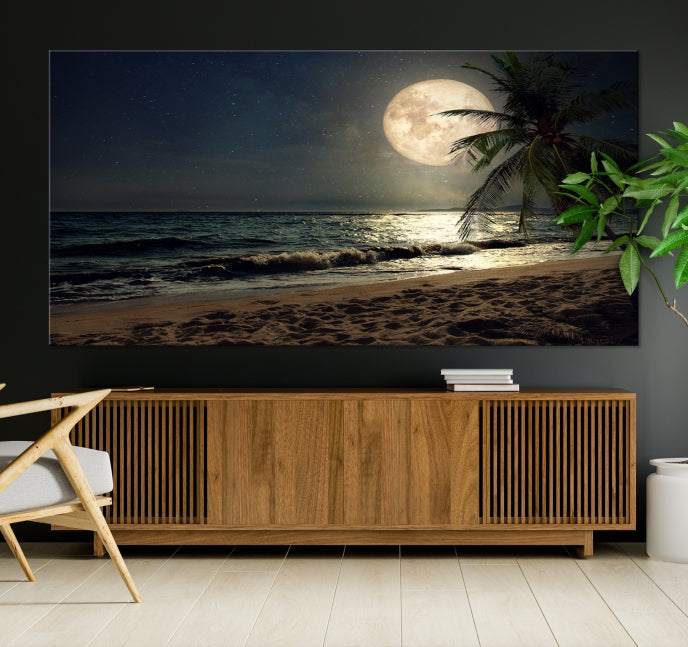 Large Full Moon Night Beach Wall Art Canvas Print