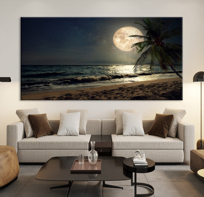 Large Full Moon Night Beach Wall Art Canvas Print